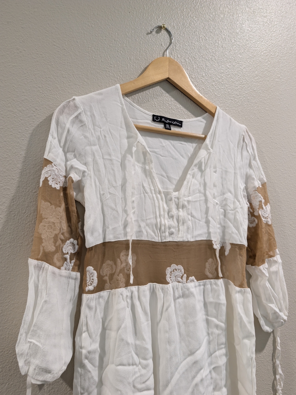 For Love & Lemons Boho White and Tan Lace-Inset Peasant Blouse